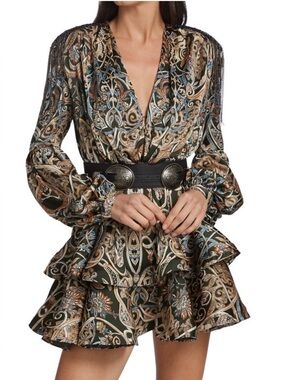 Paisley V-Neck Ruffle Mini Dress in Olive